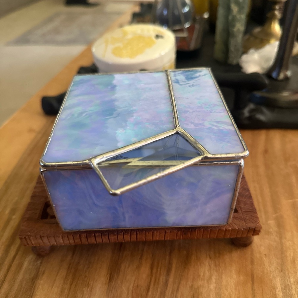 Handmade stained glass Iridescent Glass blue purple Trinket Box mirror accent - Picture 2 of 7